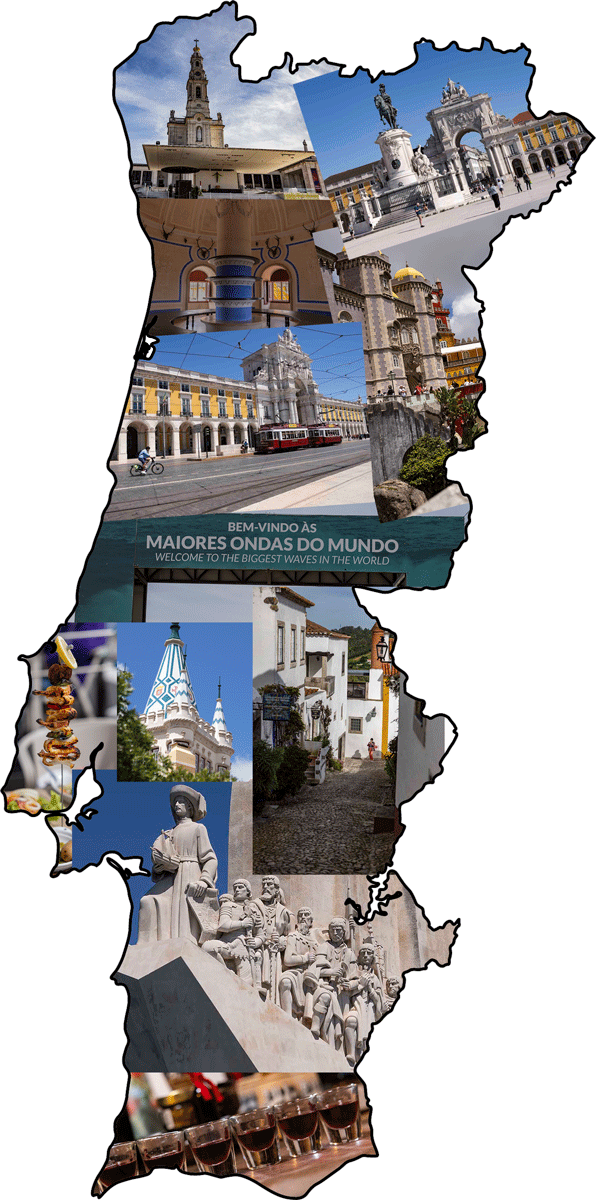 Montage of Photographs of Portugal framed by the outline of its borders and coastline