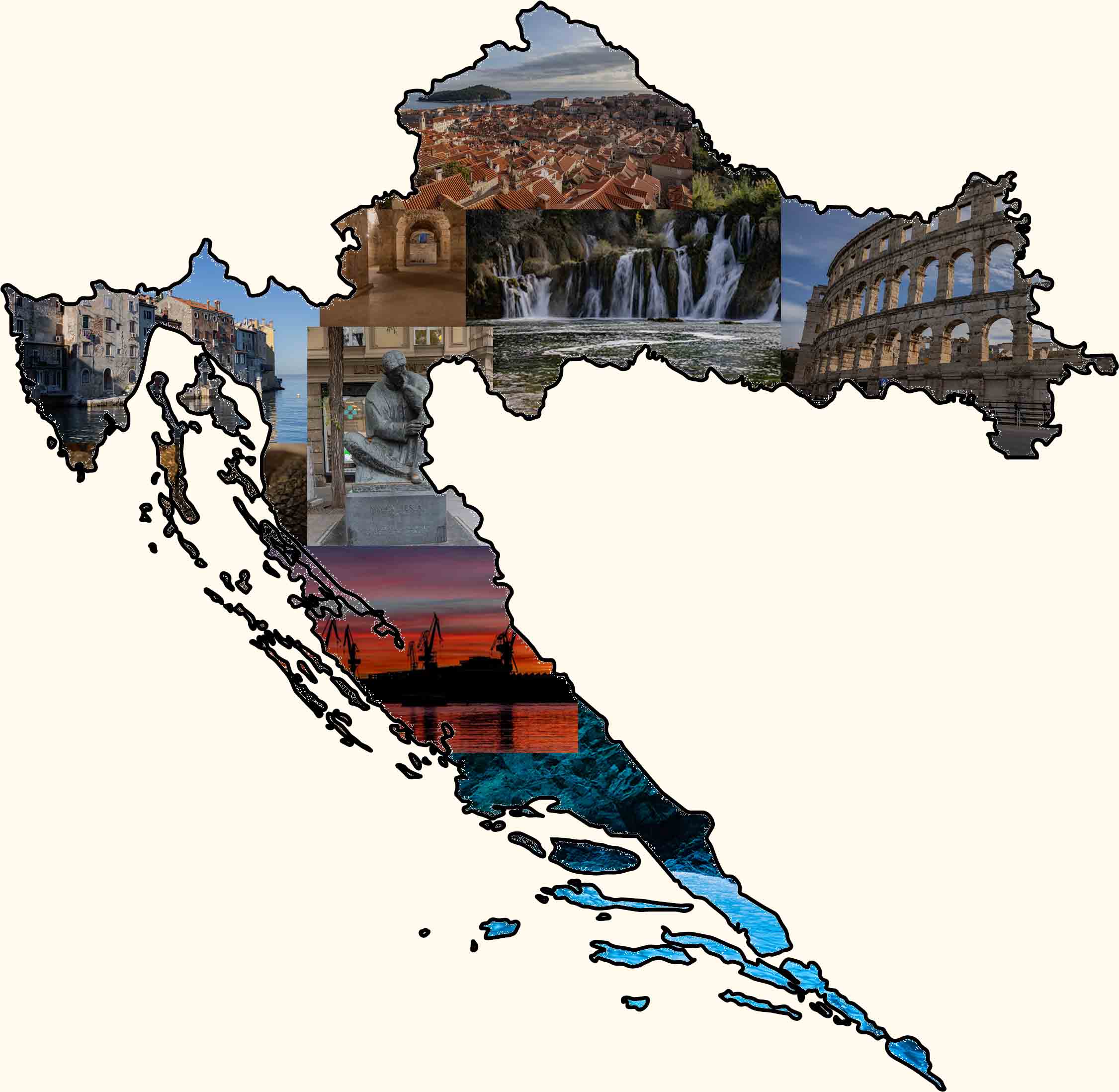 Montage of photos from Croatia bounded by the shape of the country