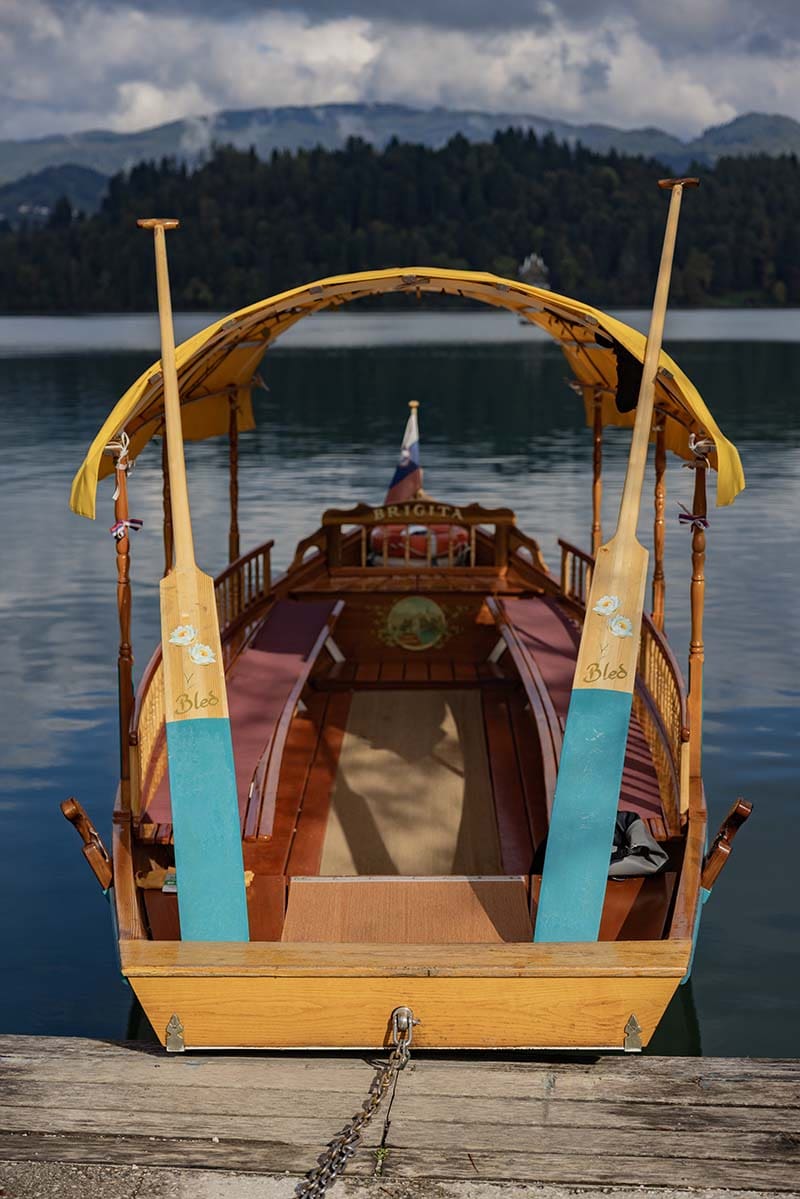 Traditional Pletna rowing boat on Lake Bled, Slovenia