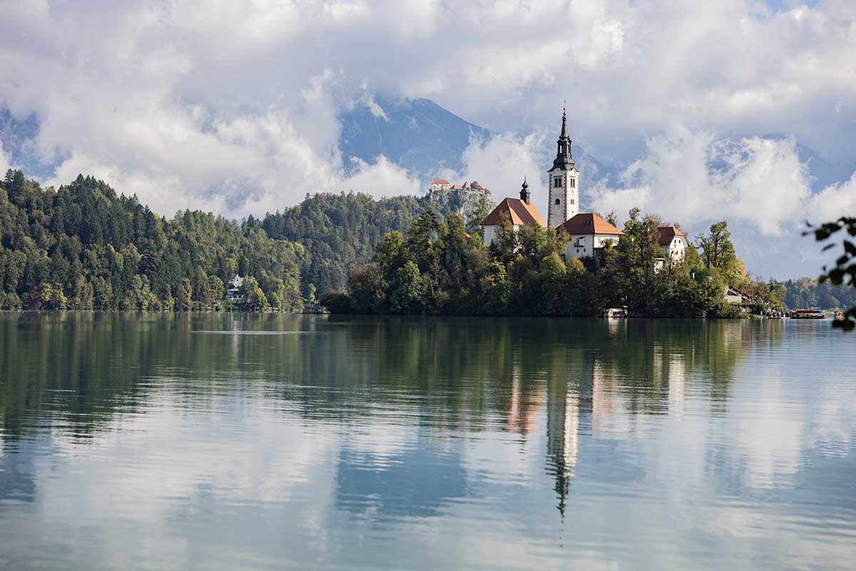 Bled Island on Lake Bled. Slovenia's only natural island